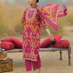 Stylum Women's Pink Ikat Printed Cotton Straight Kurta Pant Dupatta Set (KPDPINKAZOTRE)