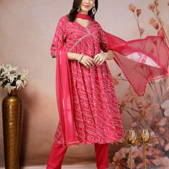Stylum Women's Bandhej Printed Rayon Alia Cut Kurta Pant Dupatta Set (KPDPINKCHARLI)