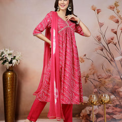Stylum Women's Bandhej Printed Rayon Alia Cut Kurta Pant Dupatta Set (KPDPINKCHARLI)
