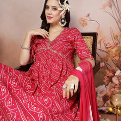 Stylum Women's Bandhej Printed Rayon Alia Cut Kurta Pant Dupatta Set (KPDPINKCHARLI)