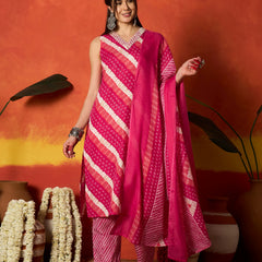 Stylum Women's Pink Leheriya Printed Cotton Straight Kurta Pant Dupatta Set (KPDPINKCOLD)