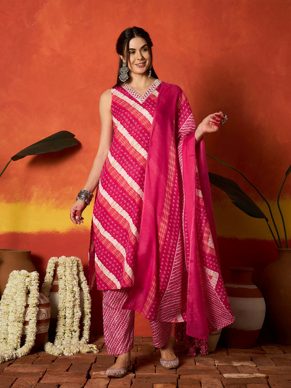 Stylum Women's Pink Leheriya Printed Cotton Straight Kurta Pant Dupatta Set (KPDPINKCOLD)