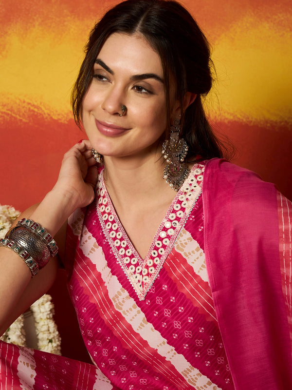 Stylum Women's Pink Leheriya Printed Cotton Straight Kurta Pant Dupatta Set (KPDPINKCOLD)
