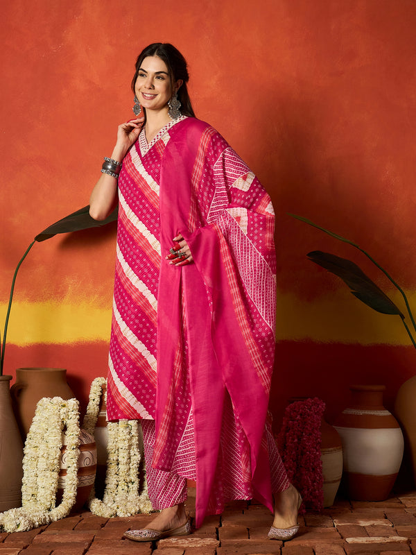 Stylum Women's Pink Leheriya Printed Cotton Straight Kurta Pant Dupatta Set (KPDPINKCOLD)