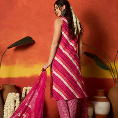 Stylum Women's Pink Leheriya Printed Cotton Straight Kurta Pant Dupatta Set (KPDPINKCOLD)