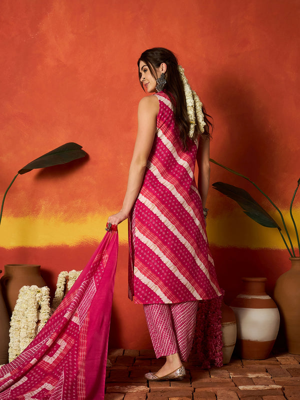 Stylum Women's Pink Leheriya Printed Cotton Straight Kurta Pant Dupatta Set (KPDPINKCOLD)