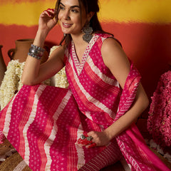 Stylum Women's Pink Leheriya Printed Cotton Straight Kurta Pant Dupatta Set (KPDPINKCOLD)