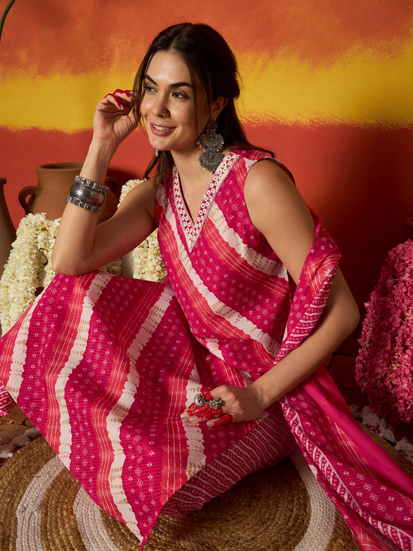 Stylum Women's Pink Leheriya Printed Cotton Straight Kurta Pant Dupatta Set (KPDPINKCOLD)