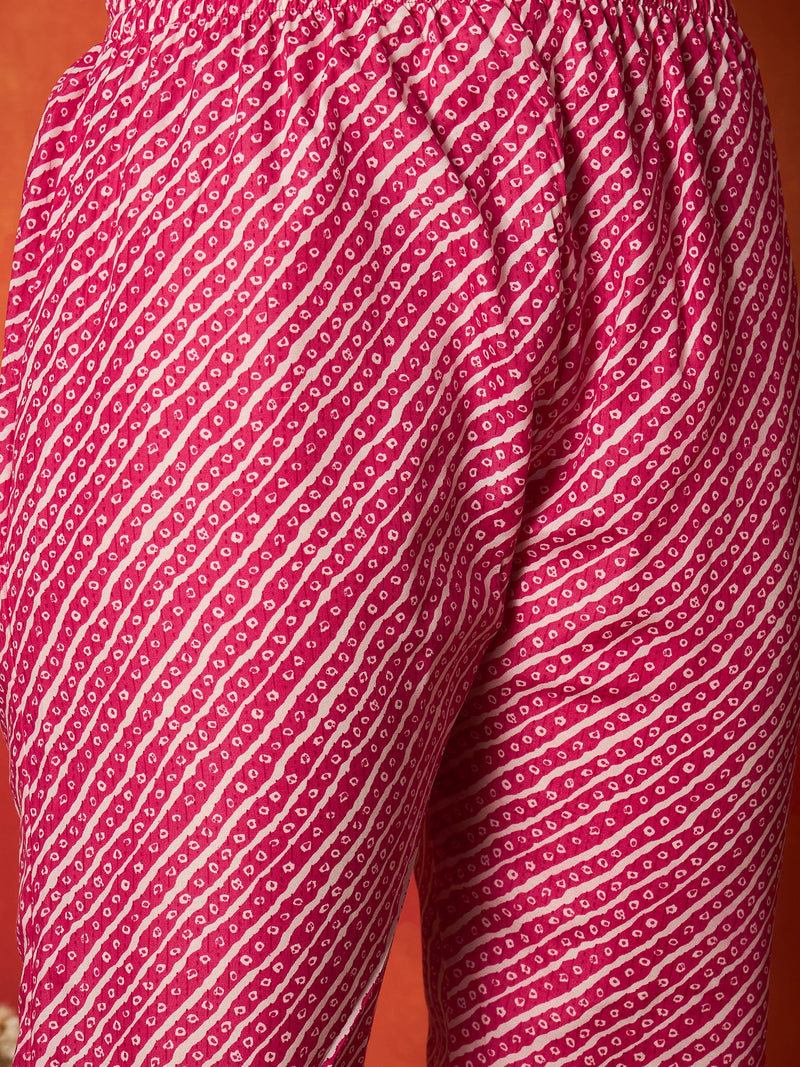 Stylum Women's Pink Leheriya Printed Cotton Straight Kurta Pant Dupatta Set (KPDPINKCOLD)