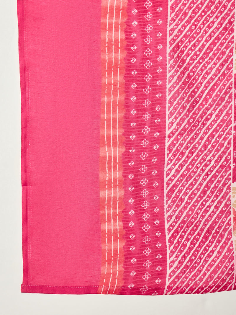Stylum Women's Pink Leheriya Printed Cotton Straight Kurta Pant Dupatta Set (KPDPINKCOLD)