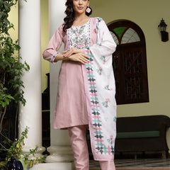 Stylum Women's Pink Solid Cotton Straight Kurta Pant Dupatta Set (KPDPINKDALMA)