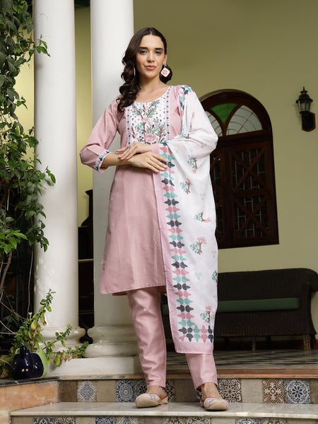 Stylum Women's Pink Solid Cotton Straight Kurta Pant Dupatta Set (KPDPINKDALMA)