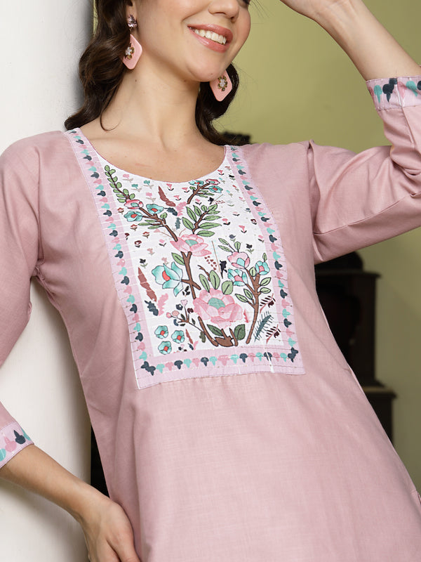 Stylum Women's Pink Solid Cotton Straight Kurta Pant Dupatta Set (KPDPINKDALMA)