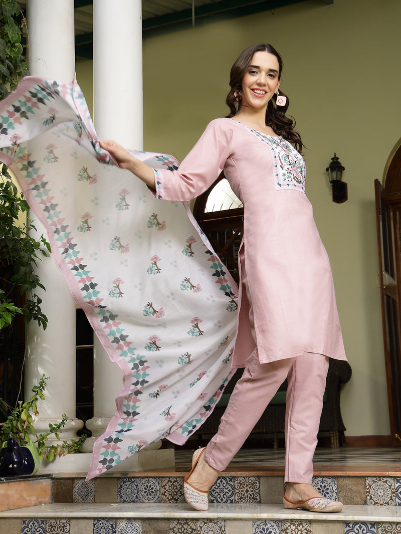 Stylum Women's Pink Solid Cotton Straight Kurta Pant Dupatta Set (KPDPINKDALMA)