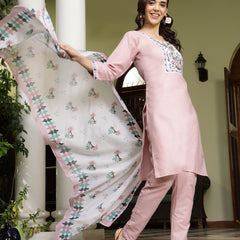 Stylum Women's Pink Solid Cotton Straight Kurta Pant Dupatta Set (KPDPINKDALMA)