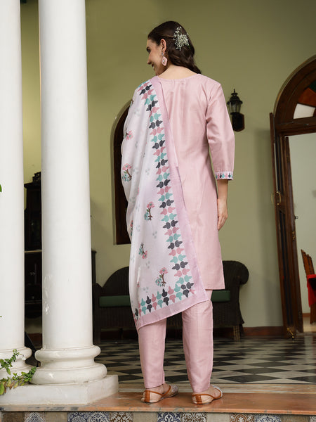 Stylum Women's Pink Solid Cotton Straight Kurta Pant Dupatta Set (KPDPINKDALMA)