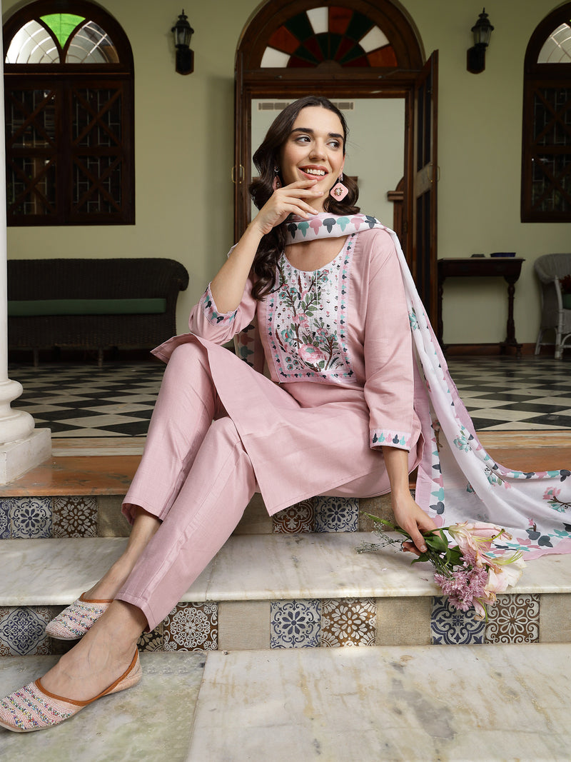 Stylum Women's Pink Solid Cotton Straight Kurta Pant Dupatta Set (KPDPINKDALMA)