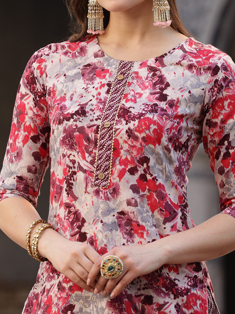 Stylum Women's Floral Printed Cotton Blend Straight Kurta Pant Dupatta Set (KPDPINKDHOOM)