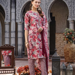 Stylum Women's Floral Printed Cotton Blend Straight Kurta Pant Dupatta Set (KPDPINKDHOOM)