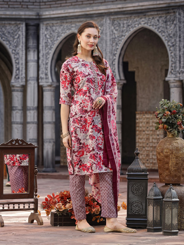 Stylum Women's Floral Printed Cotton Blend Straight Kurta Pant Dupatta Set (KPDPINKDHOOM)