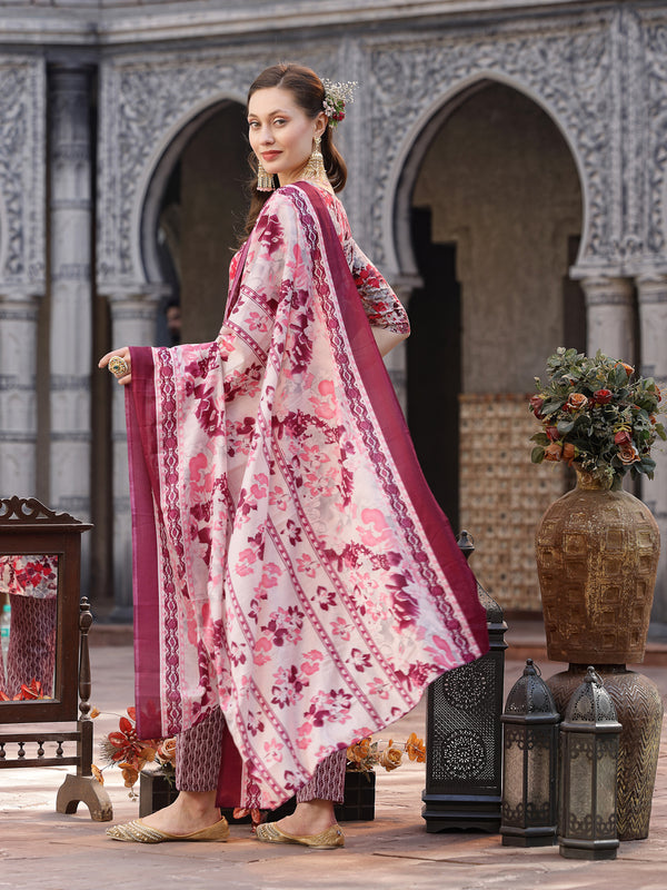 Stylum Women's Floral Printed Cotton Blend Straight Kurta Pant Dupatta Set (KPDPINKDHOOM)