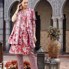 Stylum Women's Floral Printed Cotton Blend Straight Kurta Pant Dupatta Set (KPDPINKDHOOM)
