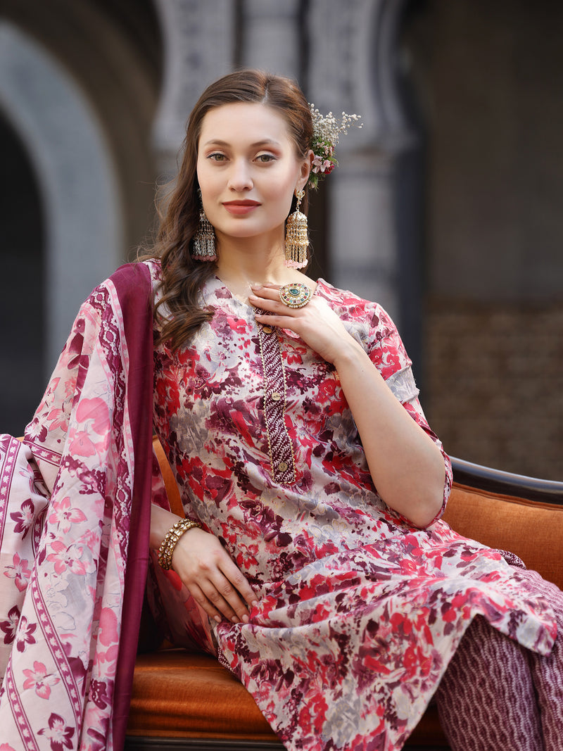 Stylum Women's Floral Printed Cotton Blend Straight Kurta Pant Dupatta Set (KPDPINKDHOOM)