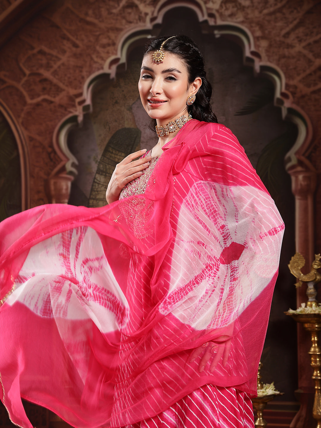 Stylum Women's Pink Leheriya Printed & Embroidered Cotton Anarkali Kurta Pant Dupatta Set (KPDPINKFLAIR)