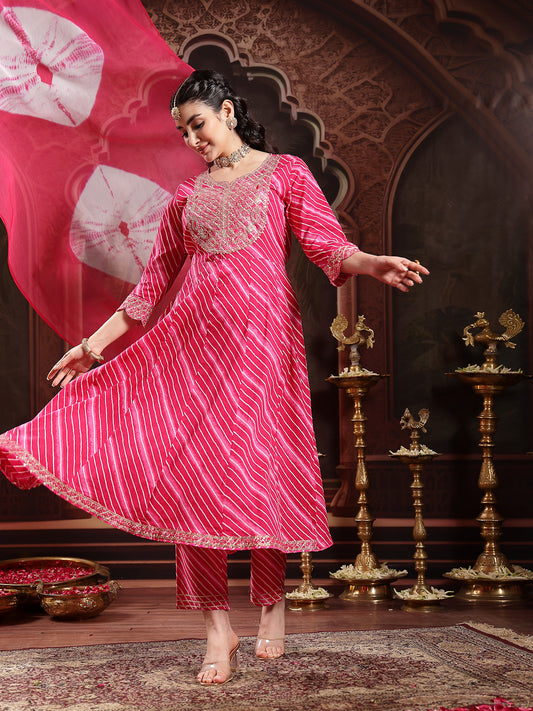 Stylum Women's Pink Leheriya Printed & Embroidered Cotton Anarkali Kurta Pant Dupatta Set (KPDPINKFLAIR)