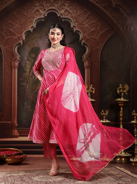 Stylum Women's Pink Leheriya Printed & Embroidered Cotton Anarkali Kurta Pant Dupatta Set (KPDPINKFLAIR)