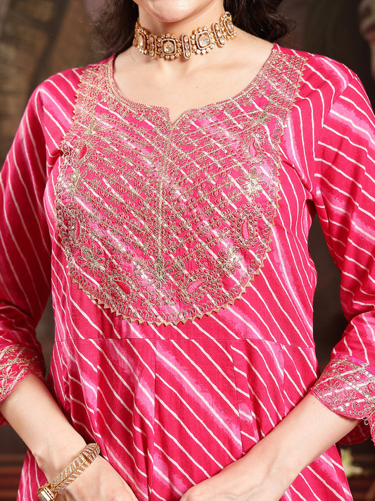 Stylum Women's Pink Leheriya Printed & Embroidered Cotton Anarkali Kurta Pant Dupatta Set (KPDPINKFLAIR)