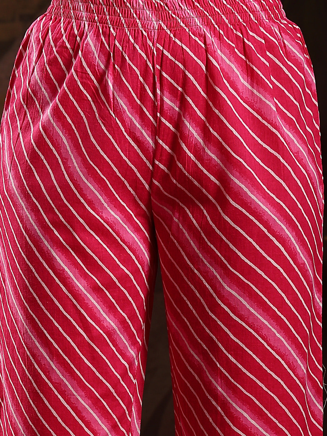 Stylum Women's Pink Leheriya Printed & Embroidered Cotton Anarkali Kurta Pant Dupatta Set (KPDPINKFLAIR)