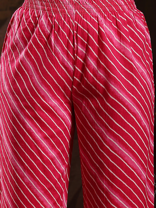 Stylum Women's Pink Leheriya Printed & Embroidered Cotton Anarkali Kurta Pant Dupatta Set (KPDPINKFLAIR)