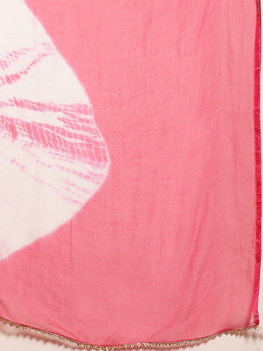 Stylum Women's Pink Leheriya Printed & Embroidered Cotton Anarkali Kurta Pant Dupatta Set (KPDPINKFLAIR)