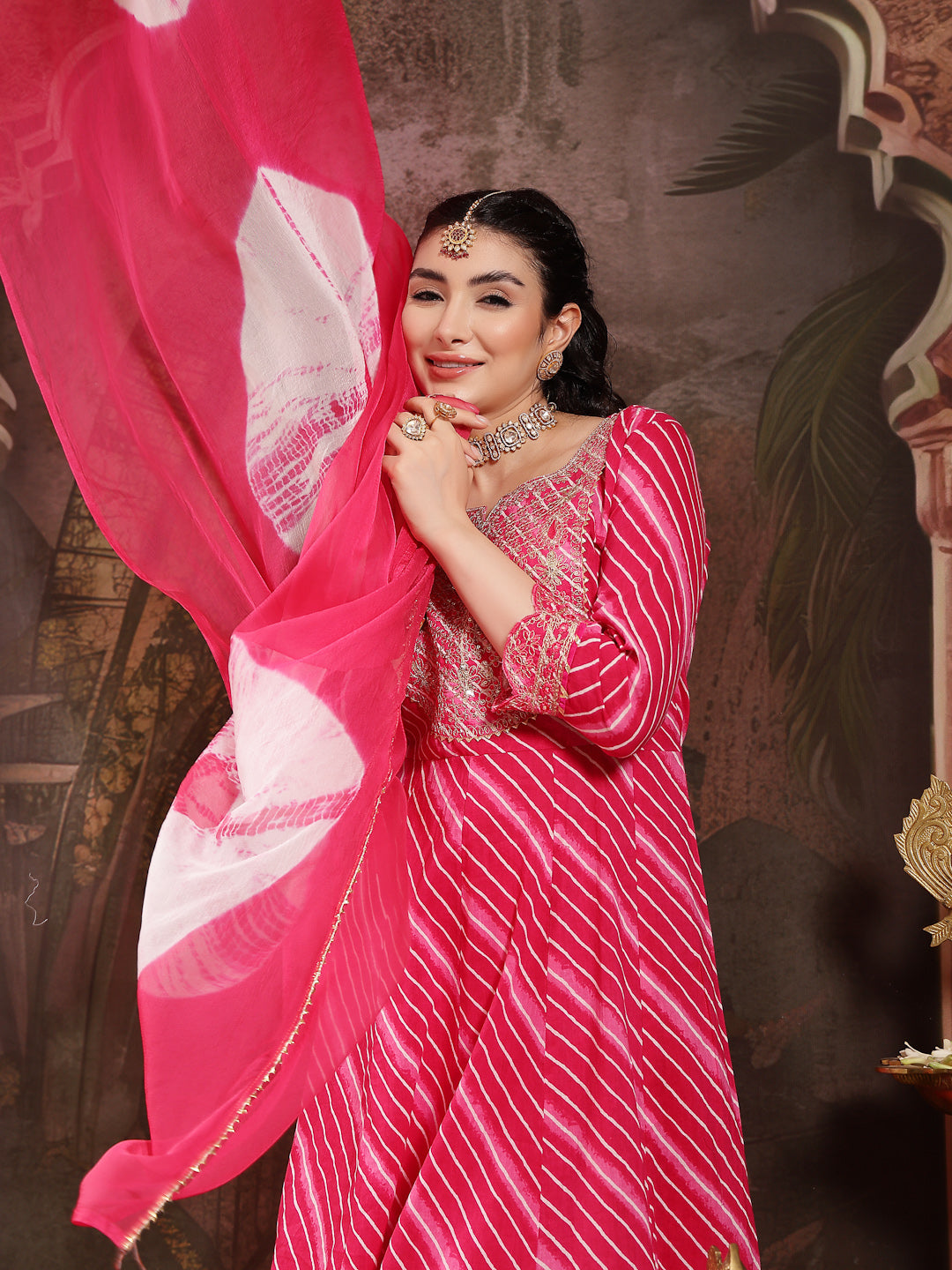 Stylum Women's Pink Leheriya Printed & Embroidered Cotton Anarkali Kurta Pant Dupatta Set (KPDPINKFLAIR)