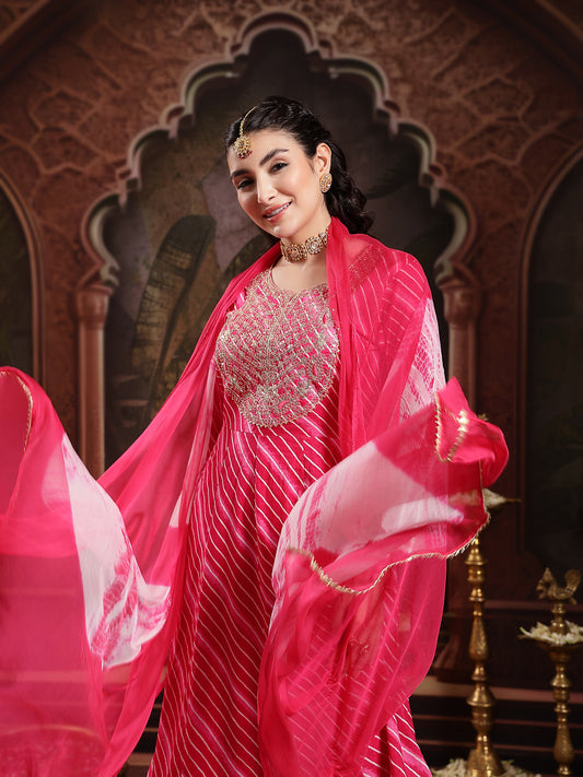 Stylum Women's Pink Leheriya Printed & Embroidered Cotton Anarkali Kurta Pant Dupatta Set (KPDPINKFLAIR)