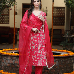 Stylum Women's Pink Floral Printed Rayon Straight Kurta Pant Dupatta Set (KPDPINKFRANCE)