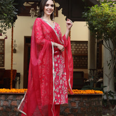 Stylum Women's Pink Floral Printed Rayon Straight Kurta Pant Dupatta Set (KPDPINKFRANCE)