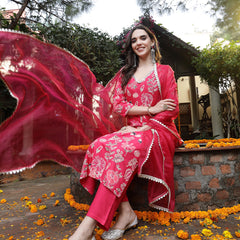 Stylum Women's Pink Floral Printed Rayon Straight Kurta Pant Dupatta Set (KPDPINKFRANCE)