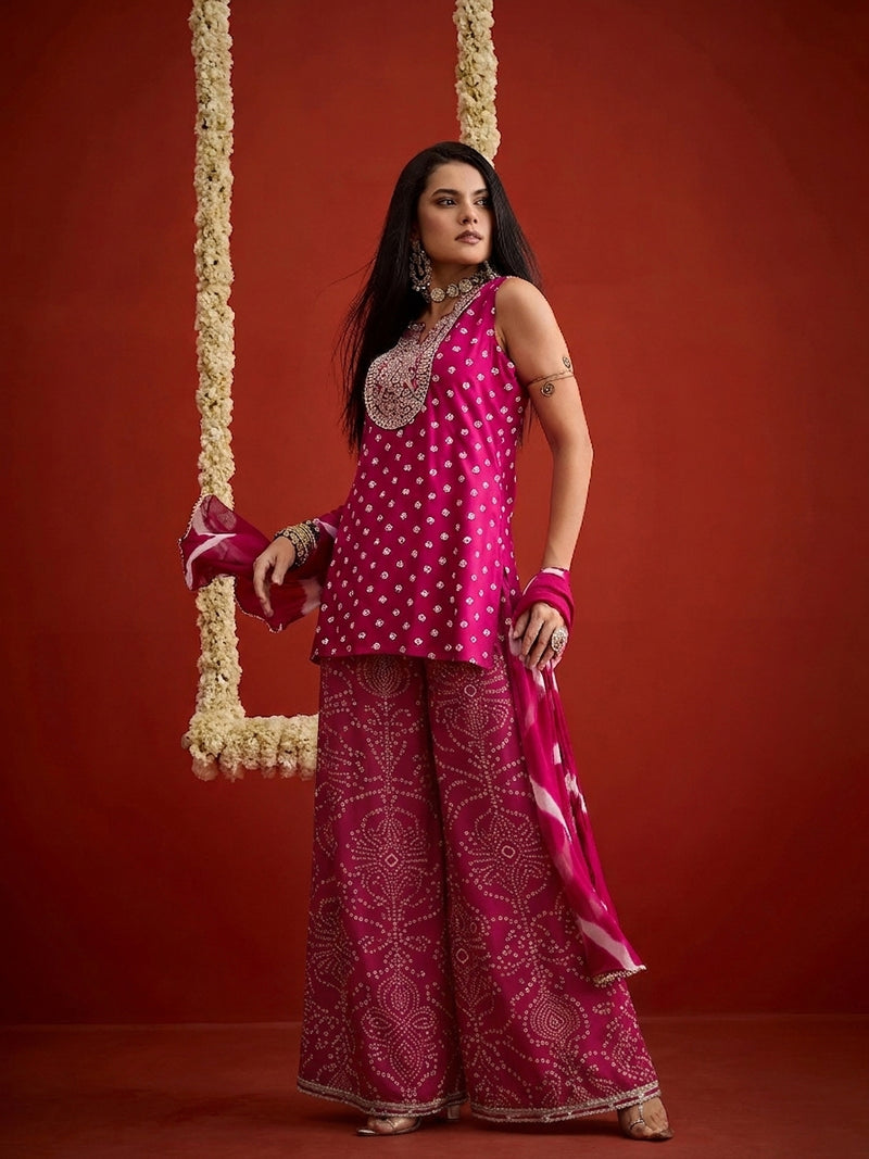 Stylum Women's Pink Bandhej Printed & Embroidered Rayon Straight Short Kurti Palazzo Dupatta Set (KPDPINKGOKU)