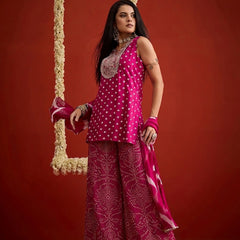 Stylum Women's Pink Bandhej Printed & Embroidered Rayon Straight Short Kurti Palazzo Dupatta Set (KPDPINKGOKU)