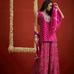 Stylum Women's Pink Bandhej Printed & Embroidered Rayon Straight Short Kurti Palazzo Dupatta Set (KPDPINKGOKU)
