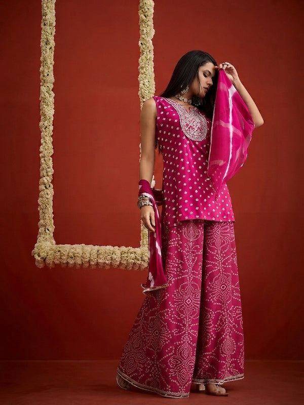 Stylum Women's Pink Bandhej Printed & Embroidered Rayon Straight Short Kurti Palazzo Dupatta Set (KPDPINKGOKU)