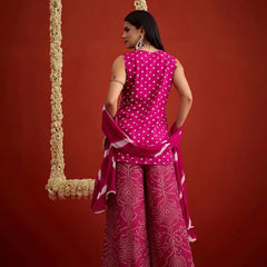 Stylum Women's Pink Bandhej Printed & Embroidered Rayon Straight Short Kurti Palazzo Dupatta Set (KPDPINKGOKU)