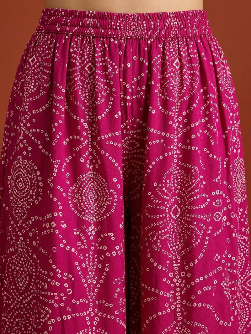 Stylum Women's Pink Bandhej Printed & Embroidered Rayon Straight Short Kurti Palazzo Dupatta Set (KPDPINKGOKU)