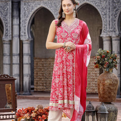 Stylum Women's Pink Printed & Embroidered Cotton Anarkali Kurta Pant Dupatta Set (KPDPINKHIMANI)