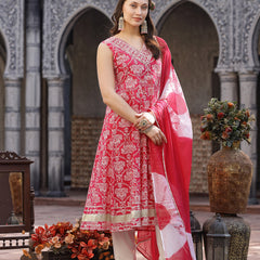 Stylum Women's Pink Printed & Embroidered Cotton Anarkali Kurta Pant Dupatta Set (KPDPINKHIMANI)
