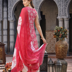 Stylum Women's Pink Printed & Embroidered Cotton Anarkali Kurta Pant Dupatta Set (KPDPINKHIMANI)
