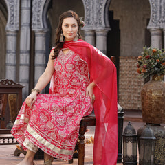 Stylum Women's Pink Printed & Embroidered Cotton Anarkali Kurta Pant Dupatta Set (KPDPINKHIMANI)