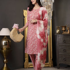Stylum Women's Pink Ethnic Printed Cotton Blend Straight Kurta Pant Dupatta Set (KPDPINKJUNA)